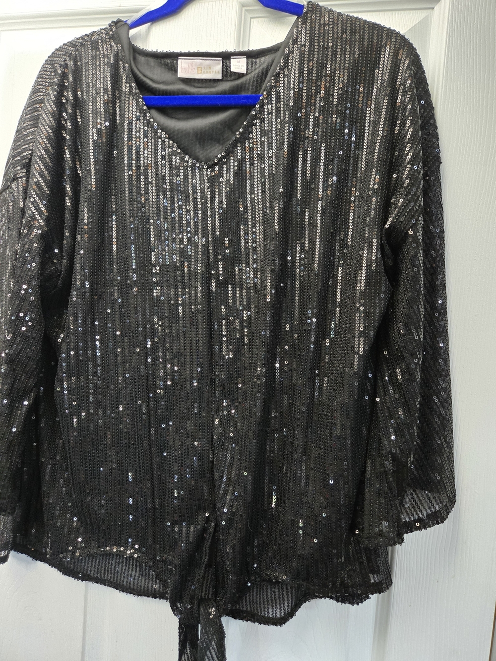 NWOT Belle by Kim Gravel Black Sequin Top With Tie Front
